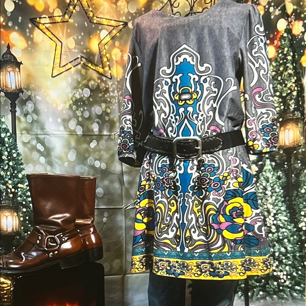 👗 Funky People – Knee-Length Printed Dress — Gray/Multi — Sz Large / L